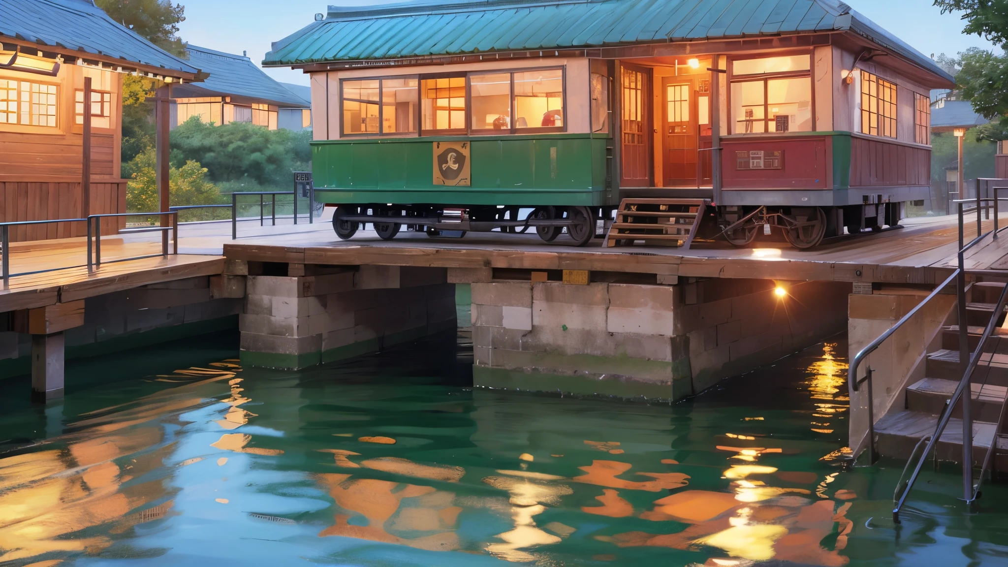 Cartoon train passing through body of water on rails, bright starry sky. pink romantic train, Picture of Makoto Shinkai, pure, concept art, Lofi Art style, reflection.,Shinkai Makoto animation art style, Lofi Art, beautiful anime scene, anime scenery, detailed scenic view, Xin Haicheng's style, Xin Haicheng's style, Enhance details