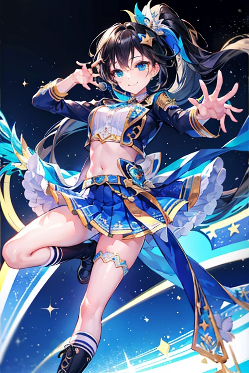 Tazune rirei, 8k, ultra-detailed, Masterpiece, best quality, aqua eyes, black hair, side ponytail, (:1.3), (idol uniform:1.5), boots, microphone, (dynamic pose:1.2), smile, 1girl, solo, portrait, bokeh, 