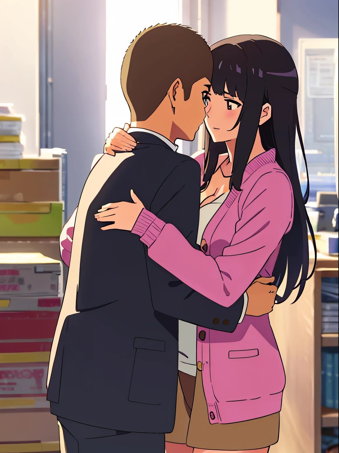 shinkai makoto, kimi no na wa., 1boy, buzzcut,office suit, boy caressing girl's body, sexual harassment, passionate hug, 1girl, bangs, black hair, brown eyes, Twisted Half Up, red ribbon, long hair, long sleeve light pink cardigan, open shirt, yellow shirt, cleavage, breast, medium breast, storage room, indoors, masterpiece, perfect anatomy, cowboyshot