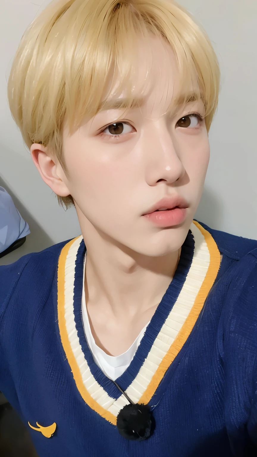 a close-up of a person in a sweater and tie, Kim Doyoung, cai xukun, profile picture with headshot, Jinyoung Shin, imagem vazada, hyung tae, taken at the beginning of 2020, adorable and pale korean face, seus olhos brilhando amarelo, Jungkook, dez lee, taejune kim, com cabelo curto, Jimin\the right eyelid is swollen