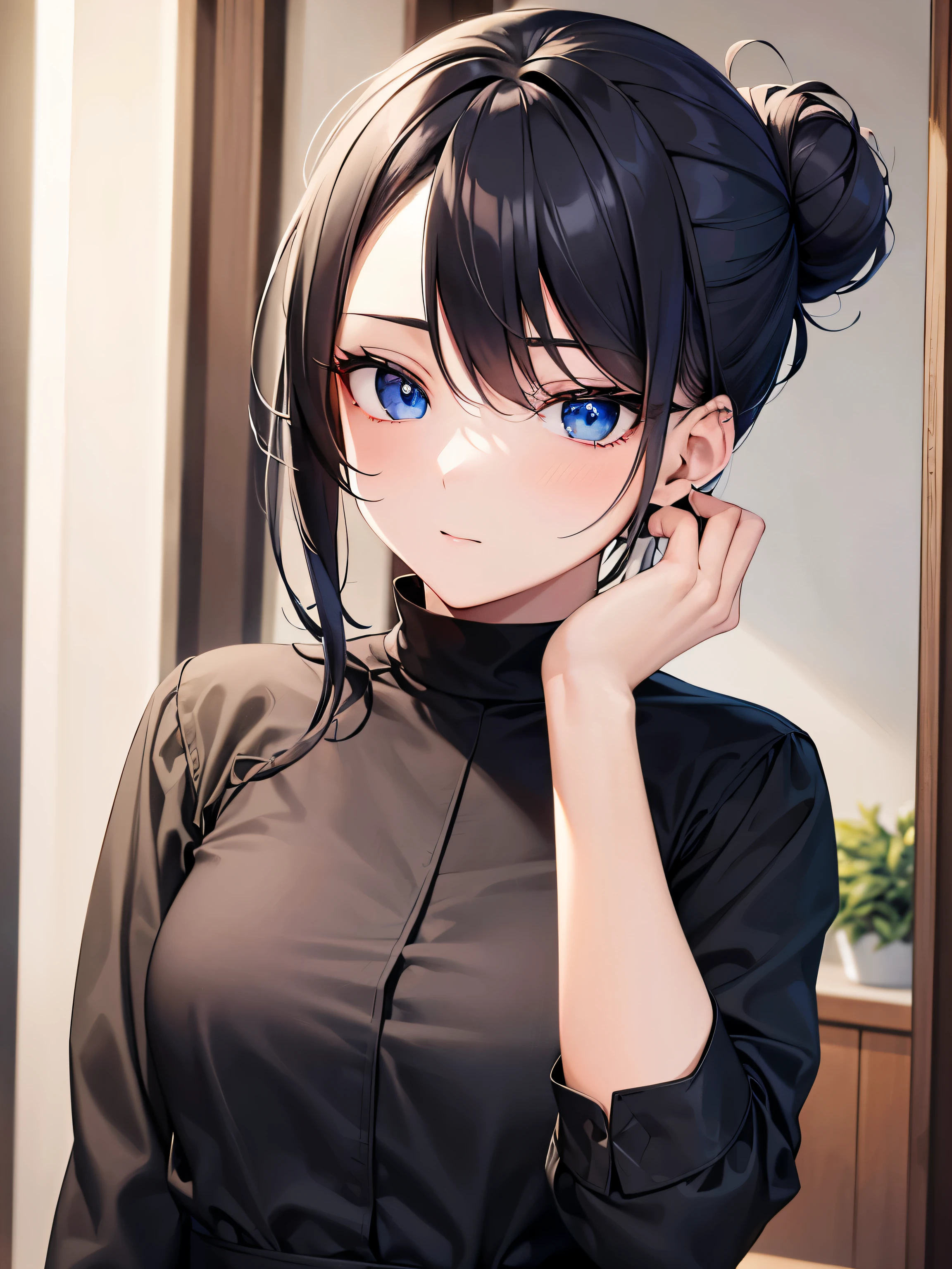 (best quality), (masterpiece), 1080p, hd, 4k, 8k, pretty face, beautiful, pretty hands, incredible, beautiful eyes, red-black hair, bun tied hair, hair lenght to shoulder, blue eyes, long eyelashes, grey long sleeve shirt, black mid-long skirt