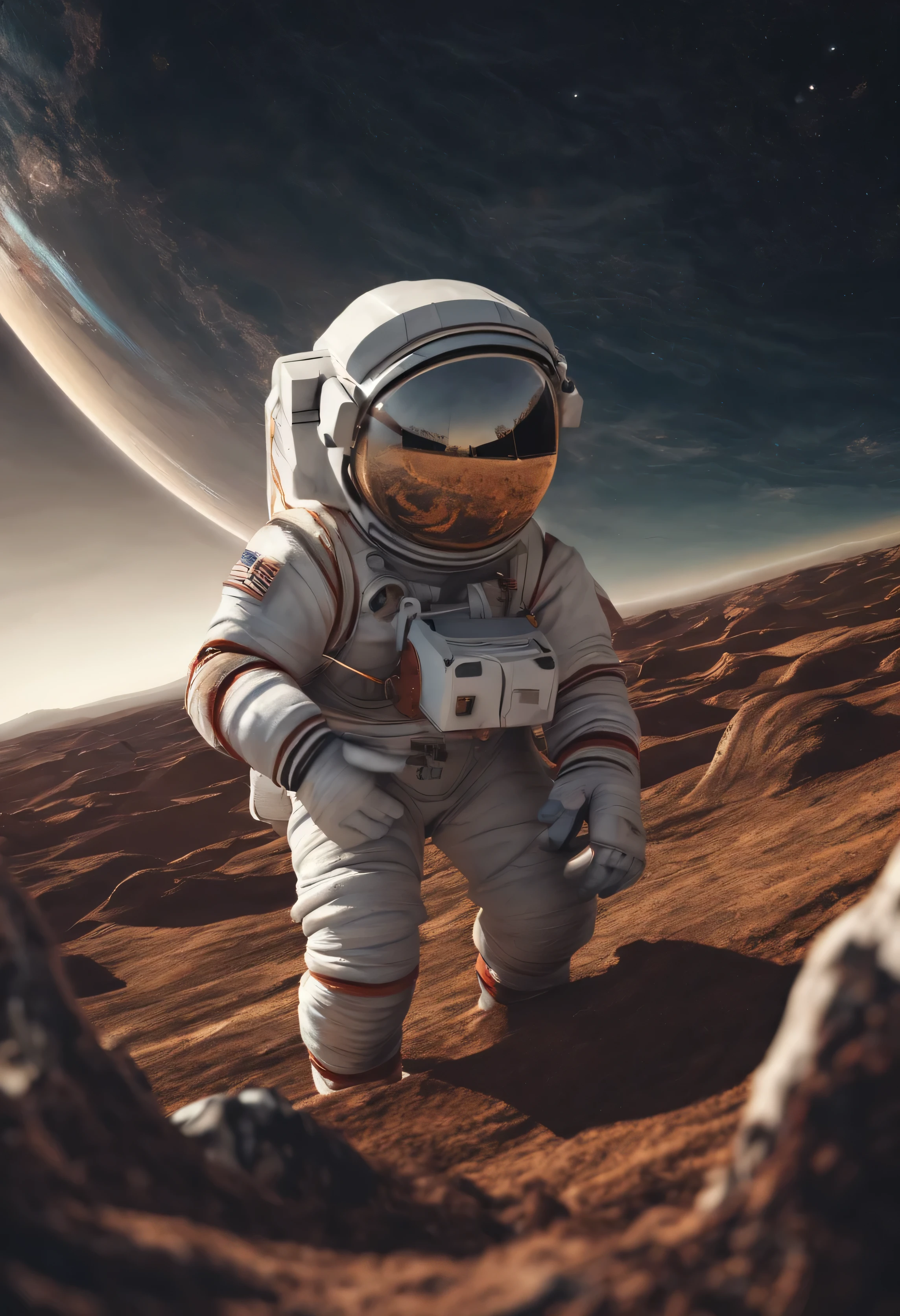 Little astronaut far from Earth, side view of the planet