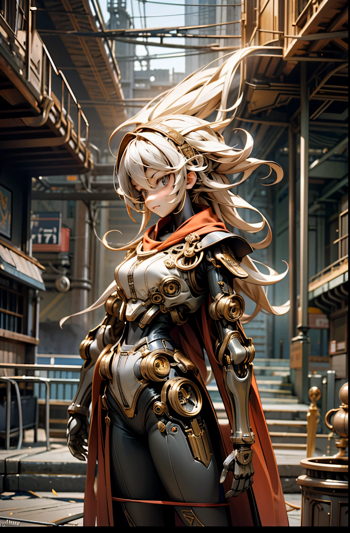 masterpiece,best quality,official art, extremely detailed CG unity 8k wallpaper,absurdres,8k 黑暗的_幻想,((dieselpunk)),(album cover mechanical body girl,red:1.1),1人,extremely detailed mechanical marvel,robotic presence,cybernetic guardian,wearing tattered exoskeleton,complex labyrinth,(steel metal [rusty]),elegant,sharp focus,photographed by Grzegorz Rutkowski,soft lighting,vibrant colors,masterpiece,((street)),cowboy shooting,dynamic pose