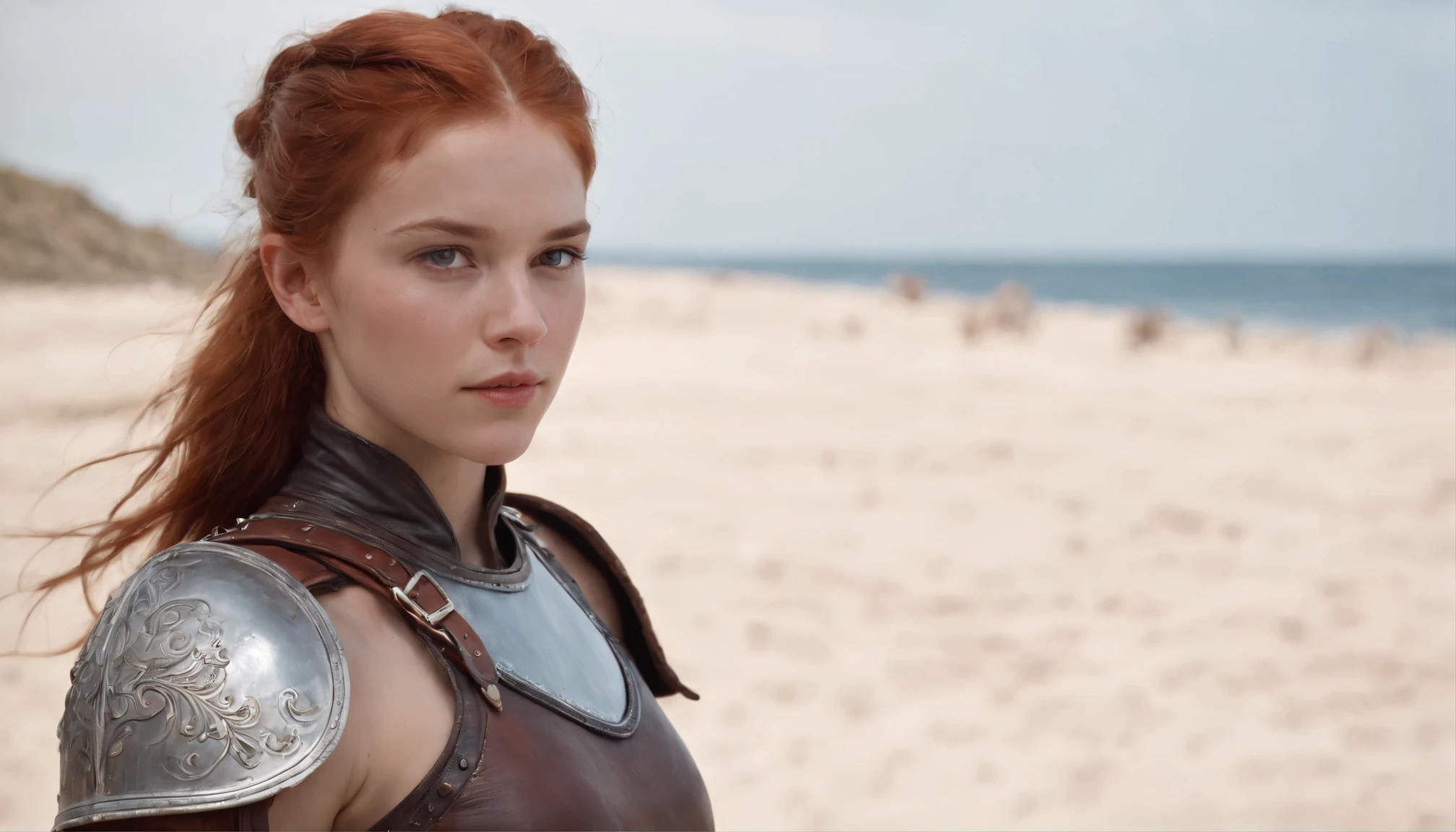 norwegian girl 14 years old ,Red-haired ponytail, dusty face, wearing leather armor, against the background of a sandy beach, sword in hands, Wind, photorealism, sharp focus, Realistic facial skin, oppressive atmosphere,View,erotic face、medieval female knight、Beautiful 14 year old girl、full body, hyper quality, highly detailed, Unreal Engine, Octane Render, Realistic, Photorealism, 16k, 4k, Cinematic,