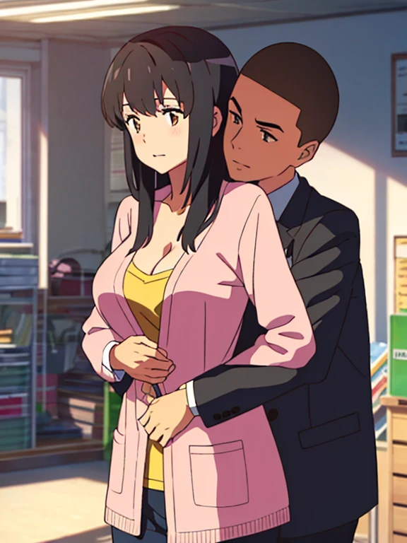 shinkai makoto, kimi no na wa., 1boy, buzzcut,office suit, boy caressing girl's body, sexual harassment, passionate hug, 1girl, bangs, black hair, brown eyes, Twisted Half Up, red ribbon, long hair, long sleeve light pink cardigan, open shirt, yellow shirt, cleavage, breast, medium breast, storage room, indoors, masterpiece, perfect anatomy, cowboyshot, open mouth 