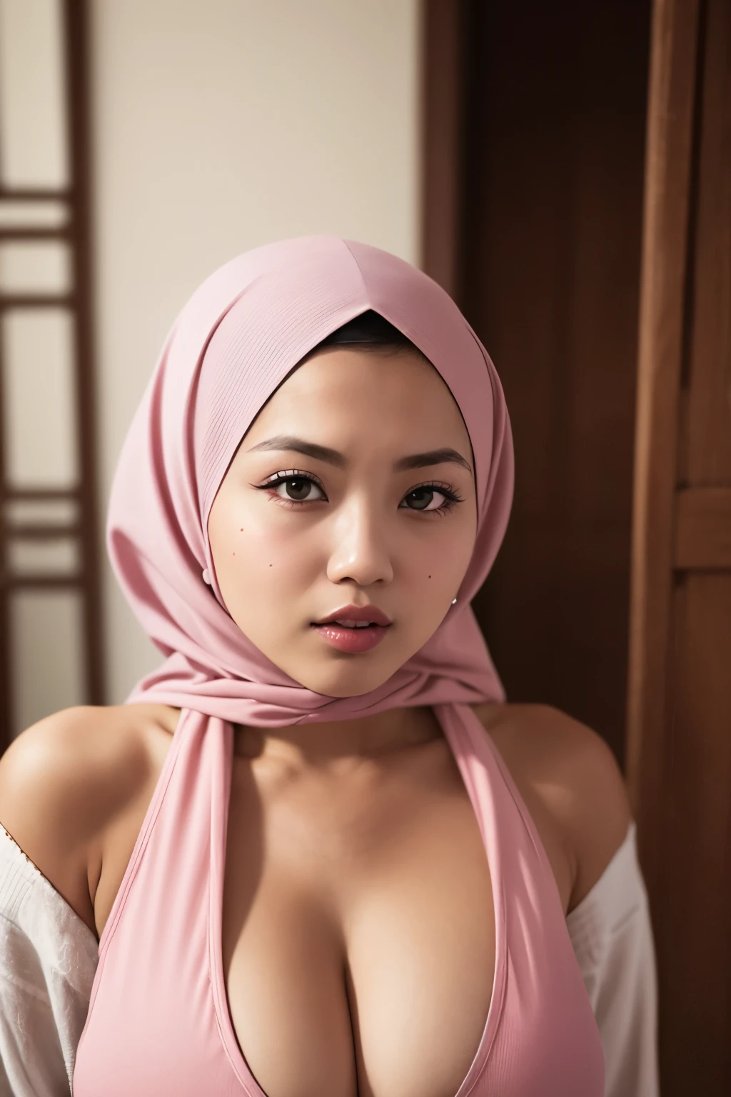 Picture of a javanese hijabi. Fit face. 22 years old, Sharp chin, photography, raw photo, masterpiece, extremely detailed photo, DSLR, photorealistic 1.4, ultra hi res, best quality, pink lips, perfect makeup, full body picture, tall, toned, busty, abs, cleavage,