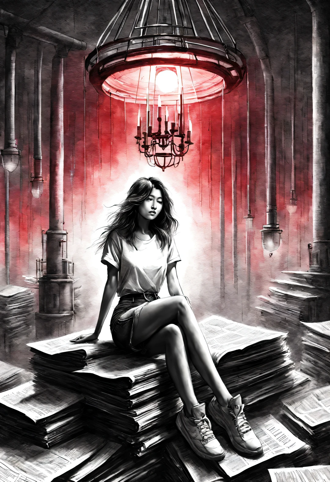 (Graphite painting), (A beautiful charming girl sits cross-legged on a mountain of old newspapers in the basement), (She is wearing a white crew neck shirt and jeans), A young and wild Asian face, Slightly mixed face shape, (closure), (Slightly square chin: 0.4), Messy extra-long hair, (Lazy), (perfect face), Slightly narrowed slender eyes, sports shoes, (The simple industrial chandelier on the roof exudes a dim and weak red light: 1.34),
background: The basement is covered with many old newspapers and dilapidated walls, industrial style, retro shabby,
90's anime style, Bold silhouettes, Graphic arts, line art, black and white, line art with pen pressure, Pen pressure sketch, Calligraphy pen with pen pressure, G pen style,With pen pressure, Hand drawn thick lines, high contrast, IG model,