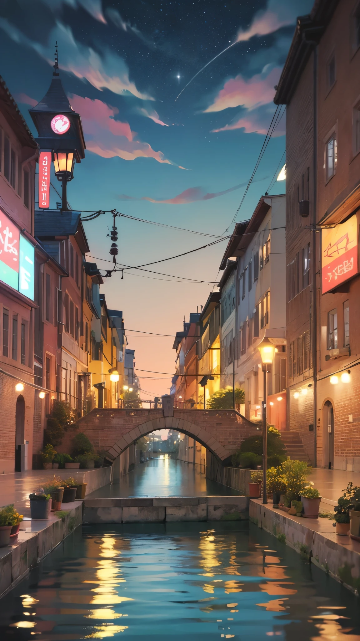 Cartoon train passing through body of water on rails, bright starry sky. pink romantic train, Picture of Makoto Shinkai, pure, concept art, Lofi Art style, reflection.,Shinkai Makoto animation art style, Lofi Art, beautiful anime scene, anime scenery, detailed scenic view, Xin Haicheng's style, Xin Haicheng's style, Enhance details