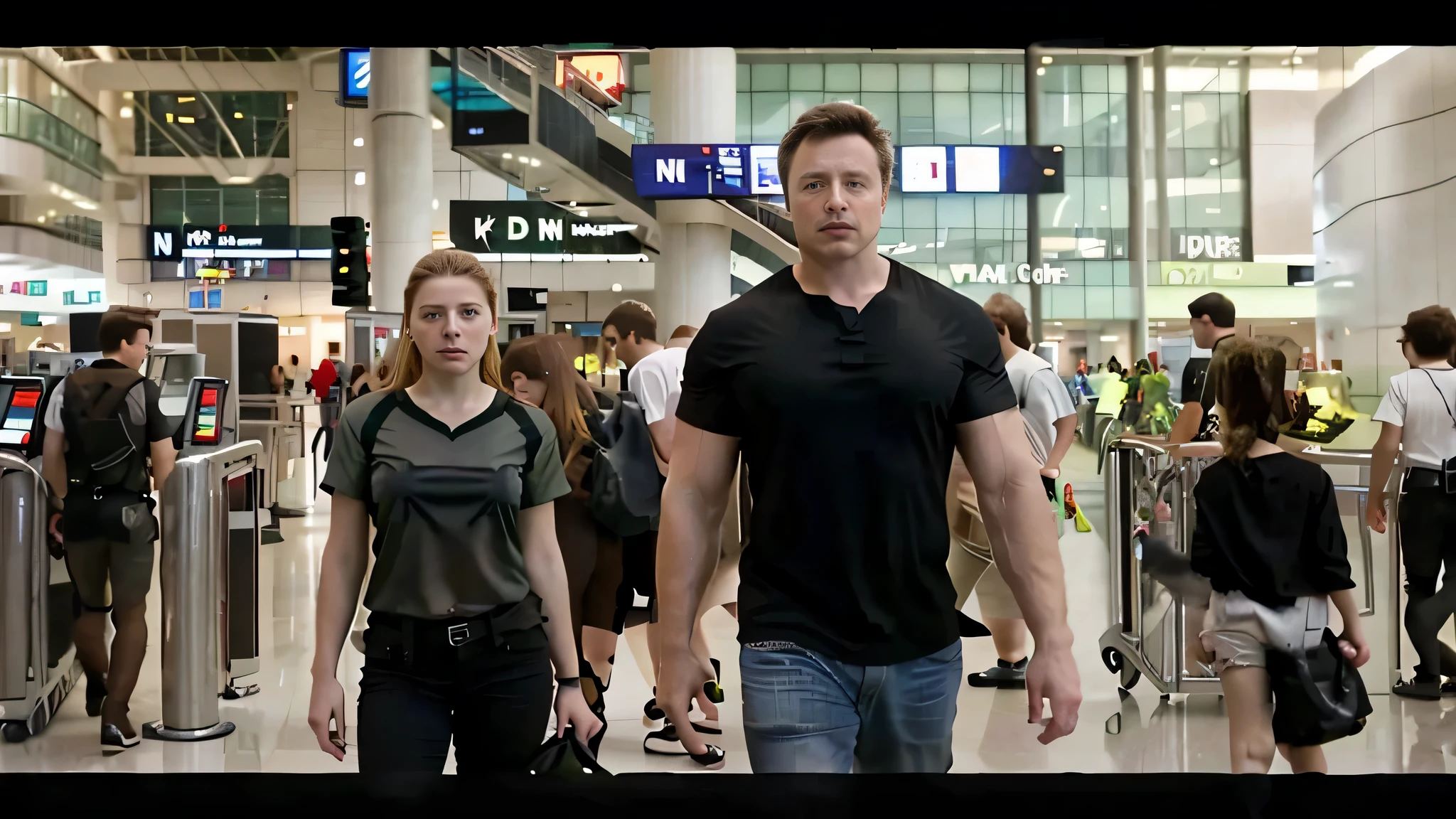 there are people walking through a terminal with a man in a black shirt, still from the movie the arrival, still from a live action movie, igla movie shot, action movie still, scene from live action movie, movie action still frame, elon musk as the incredible hulk, film still dnd movie, film still dnd, 8 k movie still, in the movie arrival