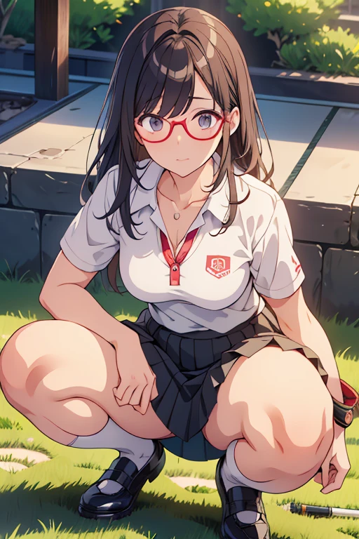 Beautiful Japan woman in golf clothes, real person, detailed body, squatting, live action, glasses, skirt flipping, office lady, ((best quality)), ((masterpiece)), (detailed), perfect face,