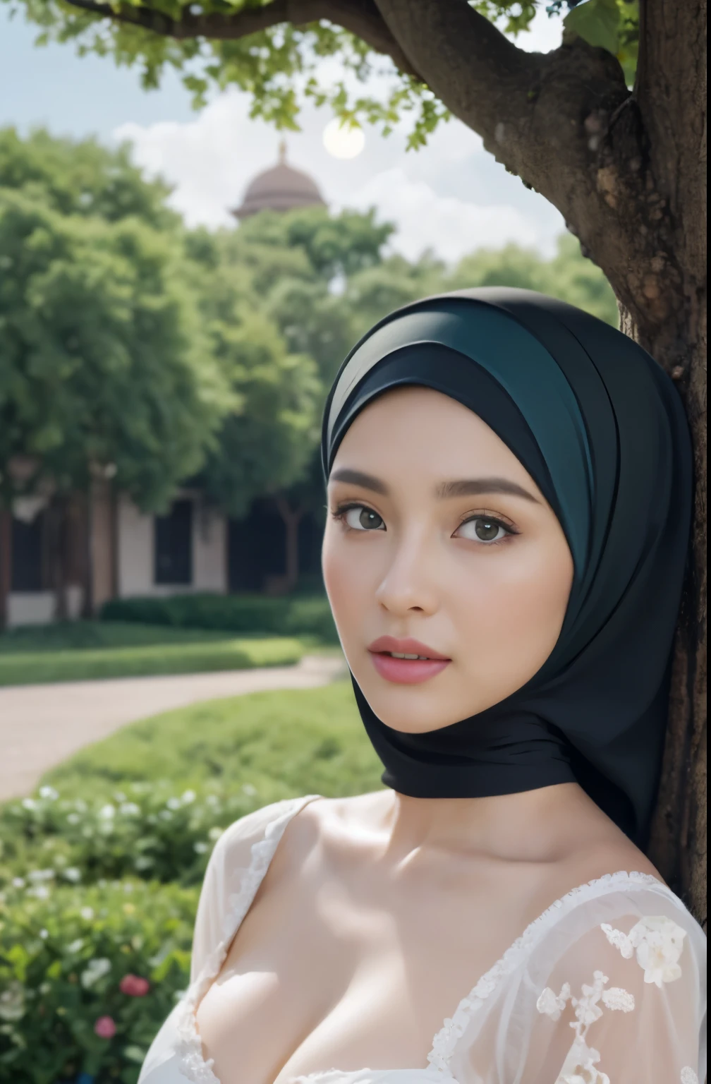 brownies, sky,moon, (Close-up of the painting style,Ultra HD 8K,Masterpiece grade CG wallpaper),Cinematic lighting,cute girly,Delicate and beautiful face,Dreamy pupils,Wearing nekomaid,round waist,hijabi,Bust poem,Sit,Cloudy background,the trees,florals,夏天,Chinese style buildings, cleavage, magical