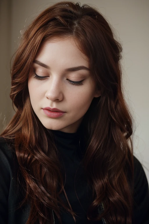 Ultra realistic, 23 year old Swedish female, dyed red hair, medium length extremely curly layered hairstyle, eyes closed, tongue out high cheek bones, defined jawline, pale skin tone, brown bushy eye brows, long eyelashes, narrow nose, shot on a Canon EOS R6 Mark, medium close up, wearing gucci jacket, wearing black leggings