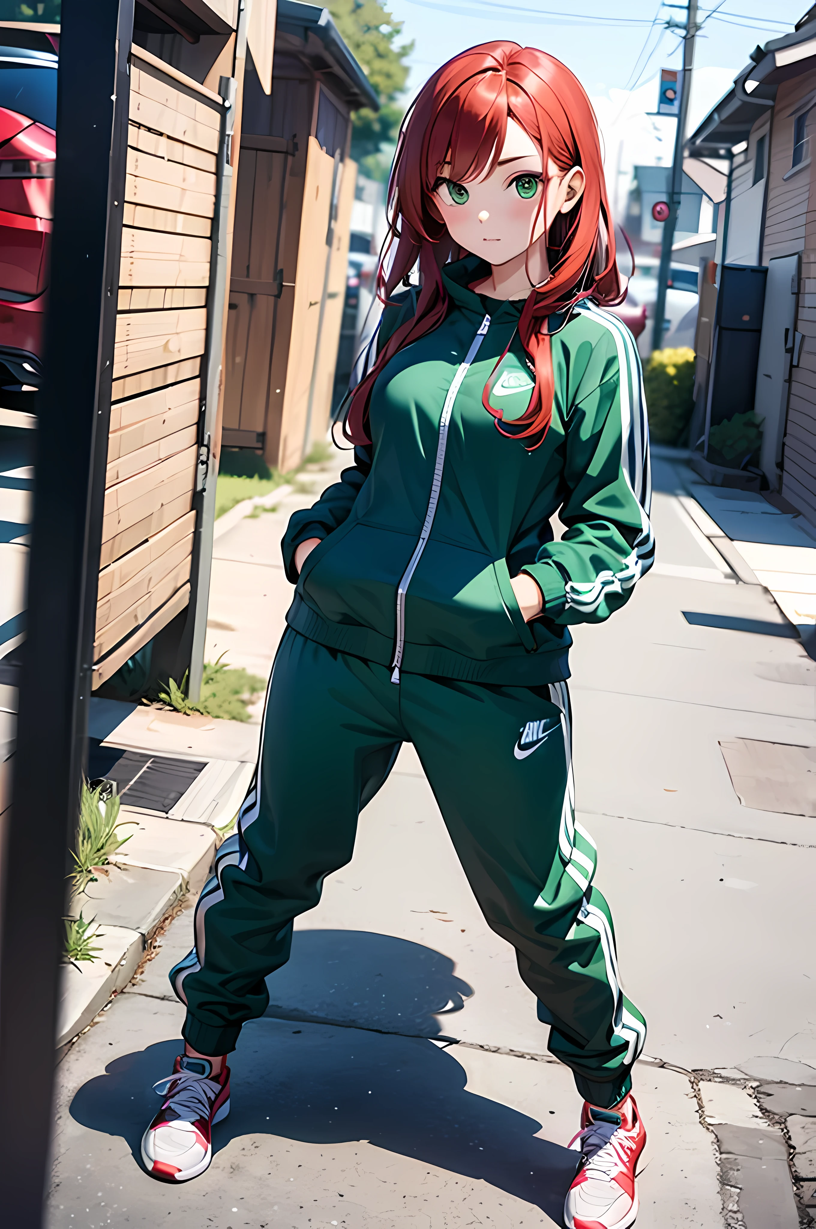 redhead girl in tracksuit with green eyes, nike tracksuit