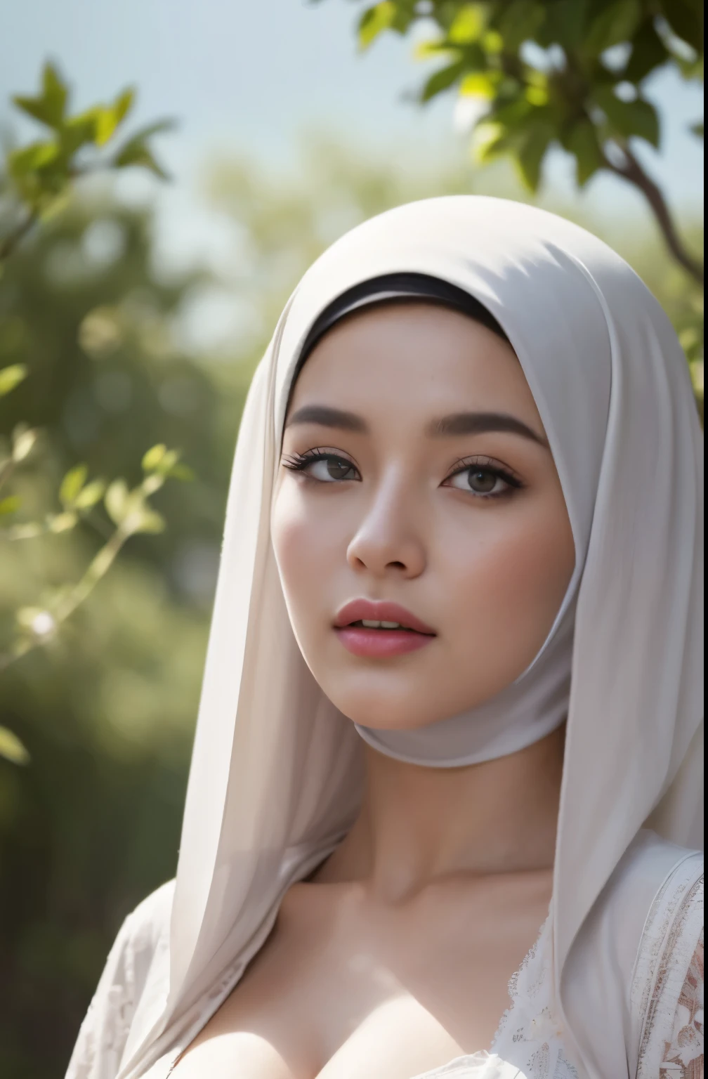 brownies, sky,moon, (Close-up of the painting style，Ultra HD 8K，Masterpiece grade CG wallpaper)，Cinematic lighting，cute girly，Delicate and beautiful face，Dreamy pupils，Wearing nekomaid,round waist,hijabi,Bust poem,Sit，Cloudy background,the trees,florals,夏天,Chinese style buildings, cleavage, magical