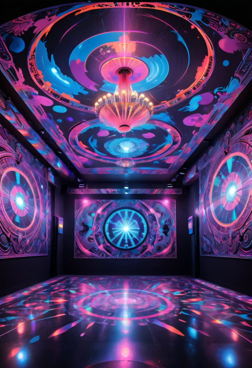 blacklight art, Underground ballroom, disco, enhance, intricate, (best quality, masterpiece, Representative work, official art, Professional, 8k)