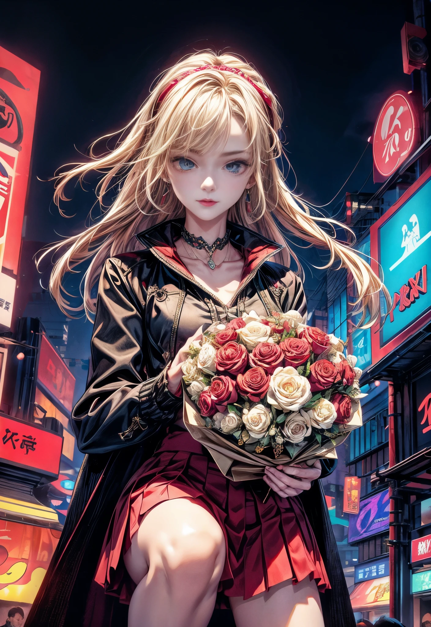 cinematic lighting,super dense skin、beautiful and fine eyes、highest quality,cyberpunk,(replace、dim color, pleasant tone:1.3),NSFW(1 beautiful woman、16 years old、Detailed beautiful facial features、blue eyes、blonde side braided hair、Red Devil&#39;Small headband:1.3)(well-shaped chest、black and red long coat、mini skirt:1.2).(squat、Hands near the face:1.5)（big rosary choker:1.2)BREAK（Little Devil Pose、A slightly smiling face）（holding a bouquet of red roses:1.4）cherry mark、Black cherry（Soaring Court、Black cat、dynamism:1.4）BREAK（neon light、Neon Street:1.2）Night in Shibuya。Japan、