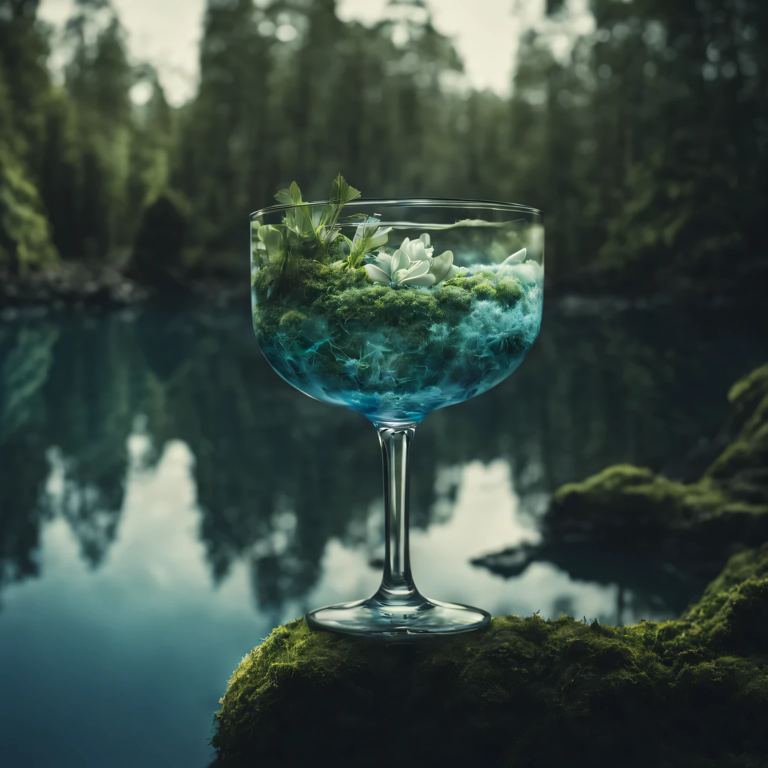 A double exposure photo image combining people on the beach bathing in the azure sea and a large cocktail glass, a large cocktail glass stands on a stone in a dark mossy forest, Inside a large cocktail glass there are people on the beach, swimming in the azure sea, and their own details are finely inscribed inside a large cocktail glass., Clear Focus, great depth of field, double exposure, hyperrealistic, extremely detailed, ray tracing, Cinematic, HDR, photorealistic (double exposure: 1.1)