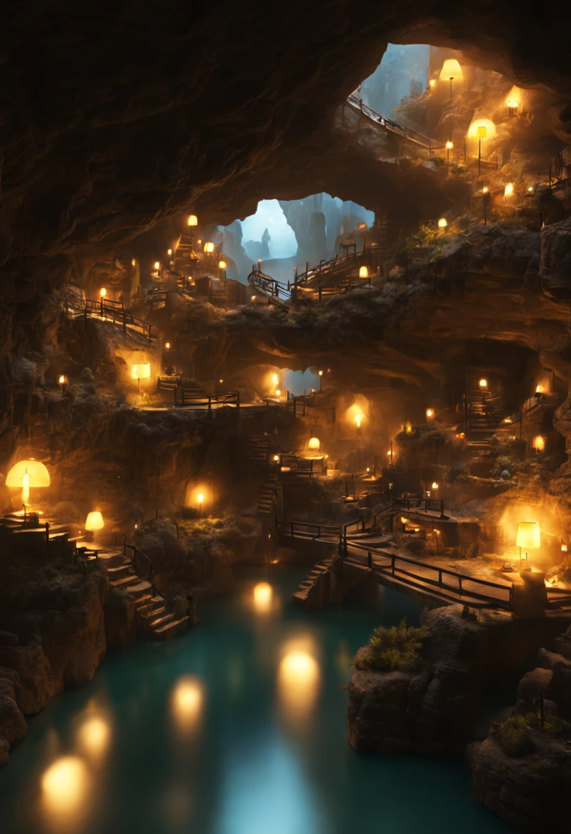 Underground cavern with a bustling miniature city inside with cozy lights and warm friendly feeling