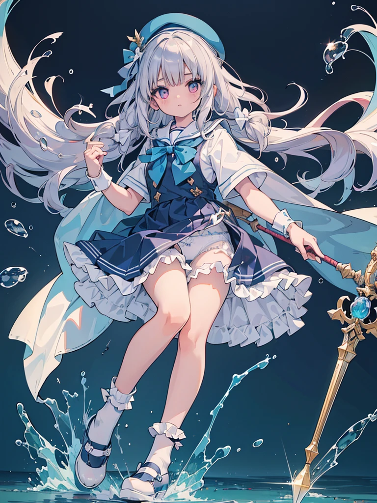 photo realistic, (masterpiece,best quality:1.4),(8k,raw photo,photo realistic:1.2),Not Safe for Work, detailed skin,detailed face,1girl,princess, cute face, super resolution,retro realistic details Illustration,,{{{elaborate,intricately,fantastic,delicately,tremendous,meticulous,minute,incredibly,obsessed,artisan's,subtle,virtuoso,skillful,vibrant, vivid, complex}}}, clearly focus edge, fresh natural gradation, best quality, amazing quality, very aesthetic, absurdres, pubisure, (((Blue school uniform))), mini frilled skirt, (frilled panties), happy, (White beret,Comes with a blue bow),
BREAK
(((The sacred weapon of thelong-handled spear of magical splashing))),
BREAK
medium bob, ((silver hair)), ((wavy hair)), shimmering eyes, Pink eyes, , 12 yo,(((cape))),((Blue the Bow)), Puffy Sleeves, Bangss, shortsleeves, ((Blue bow ribbon)),(White frilled apron), flat chest, beautiful hands, neck ribbon, wristband, arm garter, baby face, twinkle in the eye, braided bangs, ((frilled ankle socks)), (((high tops))), mary janes, Heart necklace, ring, masterpiece, top-quality, not safe for work,
