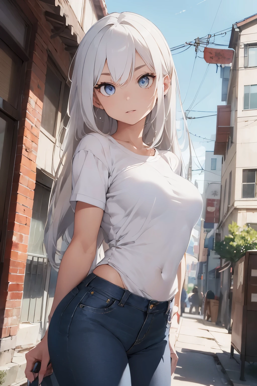((best quality)), ((masterpiece)), (detailed), perfect face, white hair, big eyes, girl ,girl fit, medium breasts, perfect breasts long hair, ((body picture)), view from angle, tight white shirt, jeans