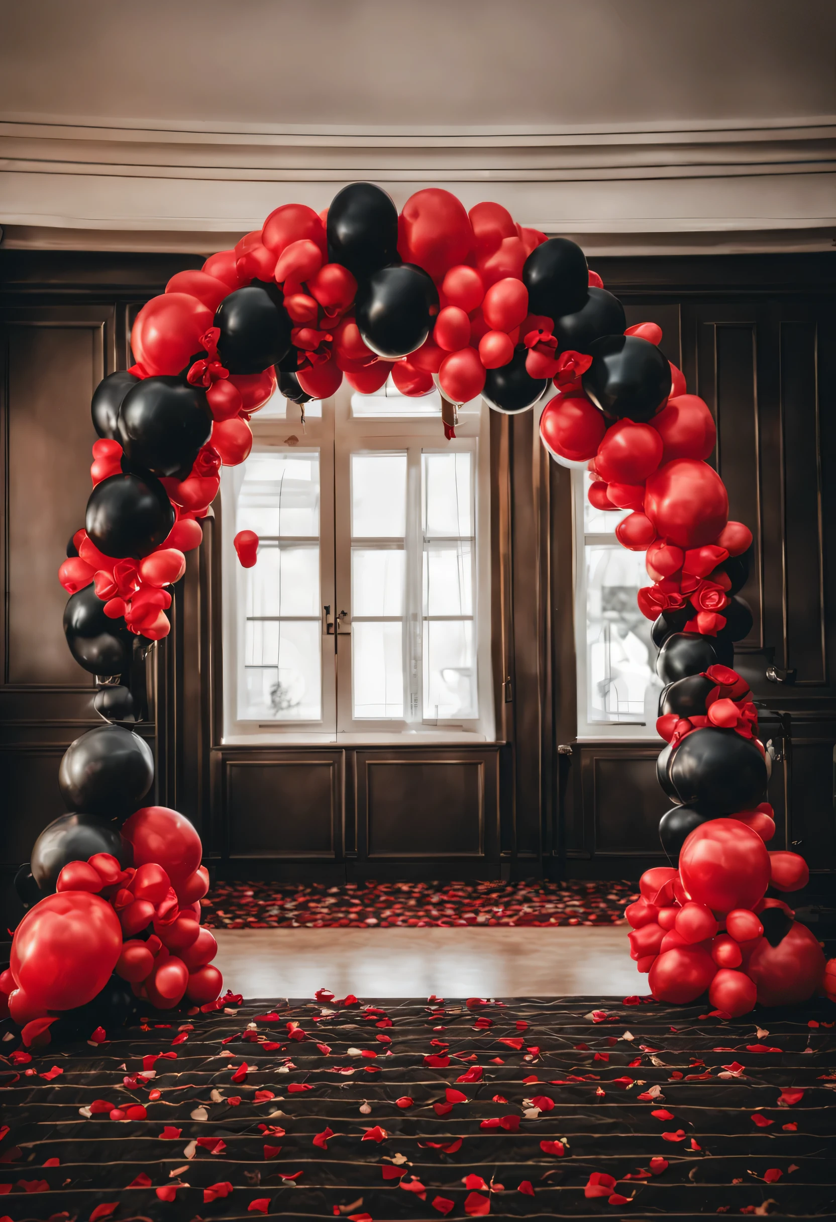 escenario fotografico, fondo con unas cortinas negras , un arco de rosas con  globos de color negro y rojo ,  piso de marmol , imagen 8k detallada, hdr, full frame