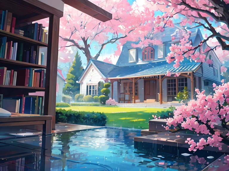 raining garden house, water bubbles, sakura tree, underwater, library