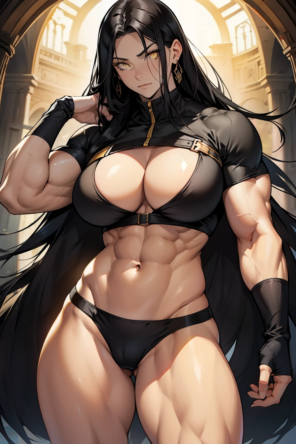 black hair, very long hair, yellow eyes, thick thighs, huge breasts, ((((muscular)))), pale skin, toned body, 1 girl