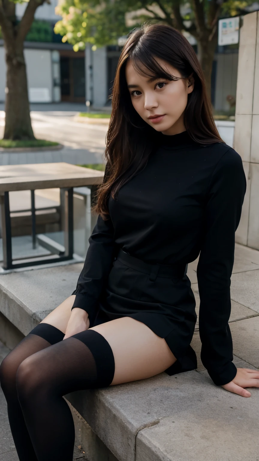 Best quality, full body portrait, delicate face, pretty face, 25 year old woman, slim figure, small bust, OL uniform, office clothes, black stockings, outdoor scene, sitting position, japanese woman, 8K, cinematic