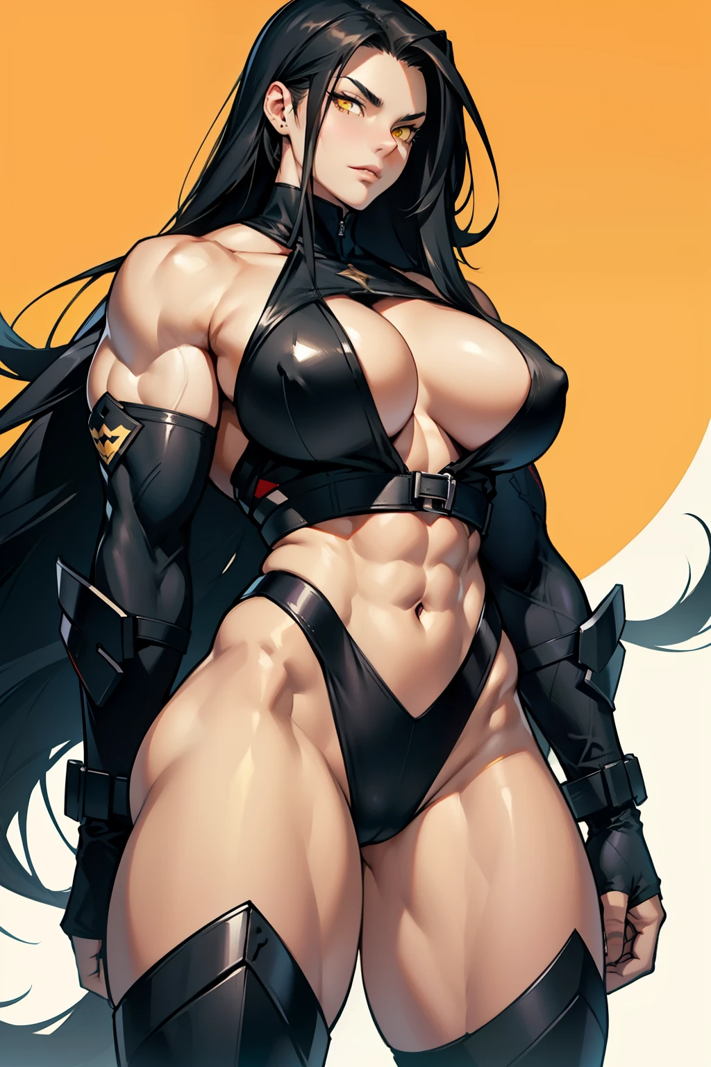 black hair, very long hair, yellow eyes, thick thighs, huge breasts, ((((muscular)))), pale skin, toned body, 1 girl
