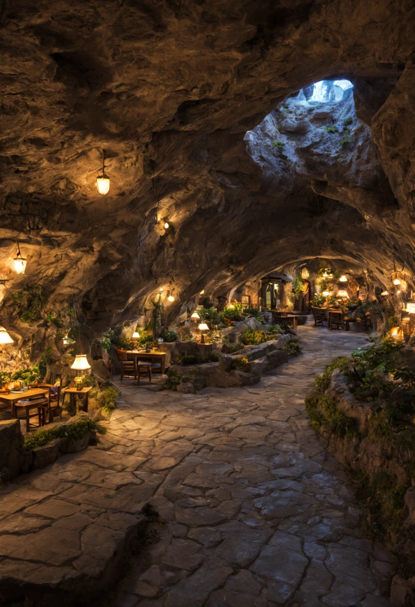 Underground cavern with a bustling miniature city inside with cozy lights and warm friendly feeling