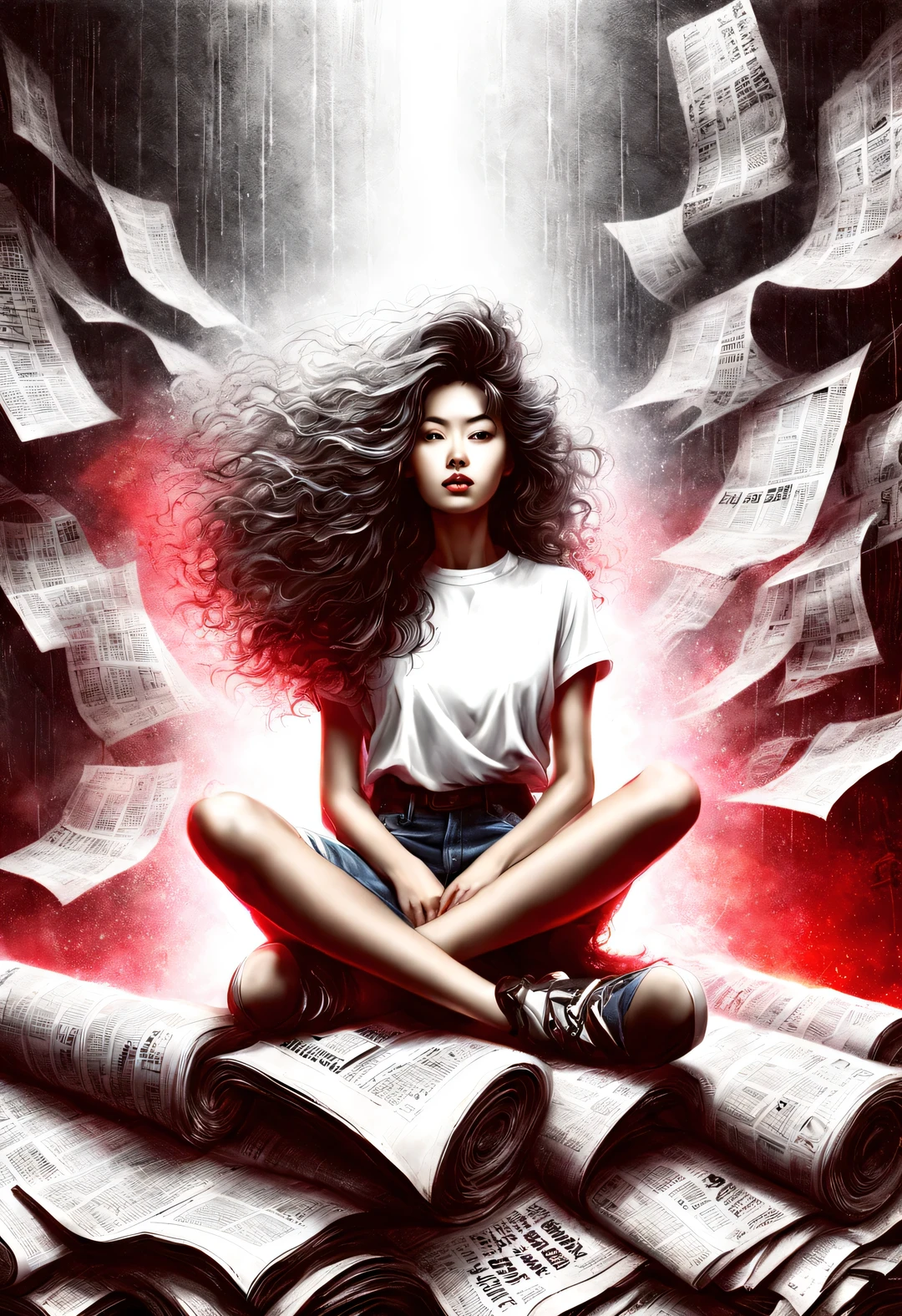 (Graphite painting), (A beautiful charming girl sits cross-legged on a mountain of old newspapers in the basement), (She is wearing a white crew neck shirt and jeans), A young and wild Asian face, Slightly mixed face shape, (Slightly square chin: 0.4), Messy and too long, Hard curly hair, Lazy, (perfect face), The slender eyes narrowed slightly, sports shoes, (Industrial lights on the roof emit a dim, weak red light: 1.34),
background: The basement is covered with many old newspapers and dilapidated walls, industrial style, retro shabby,
90's anime style, Bold silhouettes, Graphic arts, line art, black and white, line art with pen pressure, Pen pressure sketch, Calligraphy pen with pen pressure, G pen style,With pen pressure, Hand drawn thick lines, high contrast, IG model,