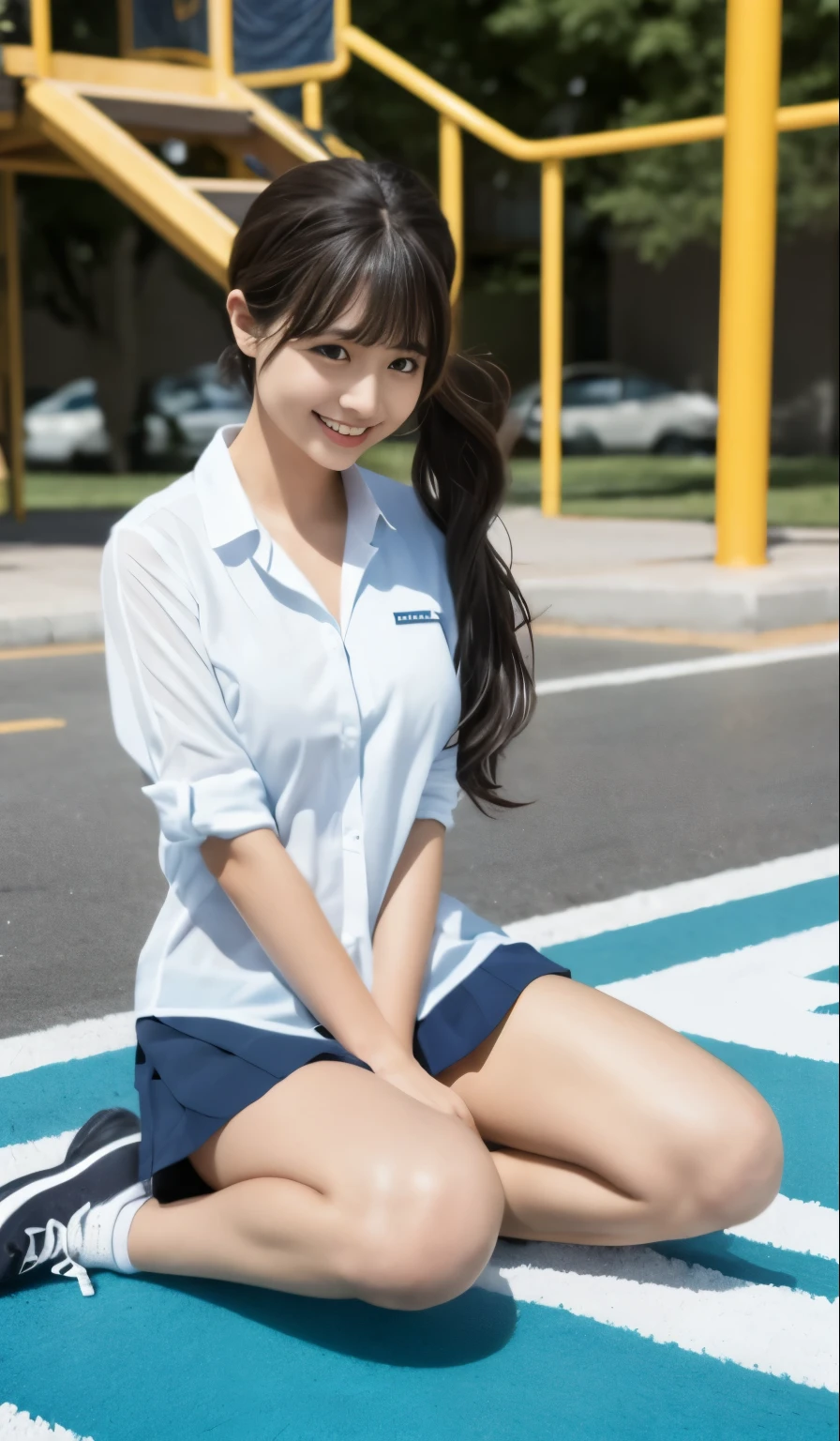 a girl, kneeling on the playground aFter school, (Full body visible)), away From the audience. She is a beautiFul, beautiful, Lovely, Lovely, young, teenager. She is slim, thin and long, , thin, (big breasts), (big breasts), (big breasts). She is sweating profusely, wet, and soaked. clothes are transparent, Sweat on the skin, and the hair is wet. She grinned. she looks natural, Relaxed and unpretentious. Scheming Face. Make Faces. (Sticking out tongue), Tell a secret, Hide a secret, shy, Excited. She stared at the audience. She wears a black ponytail. She wore a school uniForm, Rolled up blue collar white shirt, Colorful corduroy movement under shirt, blue shorts, and two layers. Shirt liFt,. Camera Focused on her Face, light shining on her Face, Very large aperture, ((F/1.2)), shallow depth oF Field, Background footage is severely blurry, ISO 3000, Auto white balance, Very detailed, proFessional lighting, soFt light, original photo, Uniqlo Fashion models, best quality, masterpiece, Award-winning photography, huge File size, 8k, high resolution, Shot with a Sony DSLR camera.