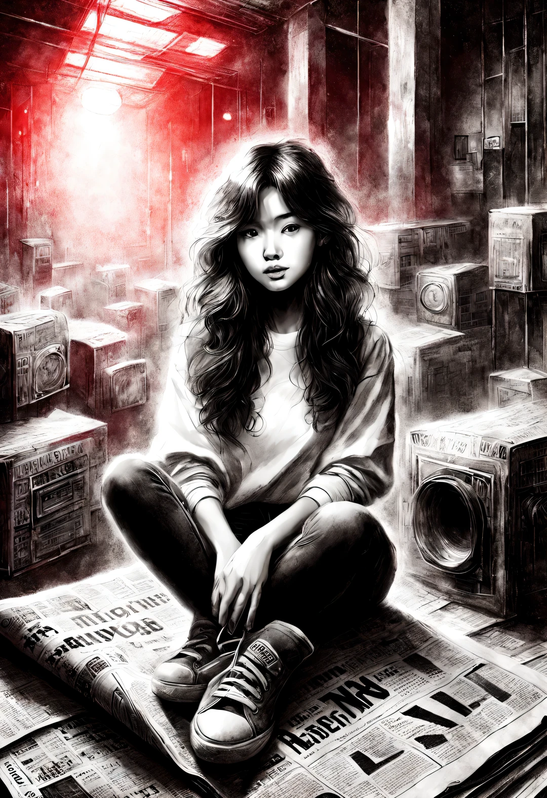 (Graphite painting), (A beautiful charming girl sits cross-legged on a mountain of old newspapers in the basement), (She is wearing a white crew neck shirt and jeans), A young and wild Asian face, Slightly mixed face shape, (Slightly square chin: 0.4), Messy and too long, Hard curly hair, Lazy, (perfect face), The slender eyes narrowed slightly, sports shoes, (Industrial lights on the roof emit a dim, weak red light: 1.34),
background: The basement is covered with many old newspapers and dilapidated walls, industrial style, retro shabby,
90's anime style, Bold silhouettes, Graphic arts, line art, black and white, line art with pen pressure, Pen pressure sketch, Calligraphy pen with pen pressure, G pen style,With pen pressure, Hand drawn thick lines, high contrast, IG model,