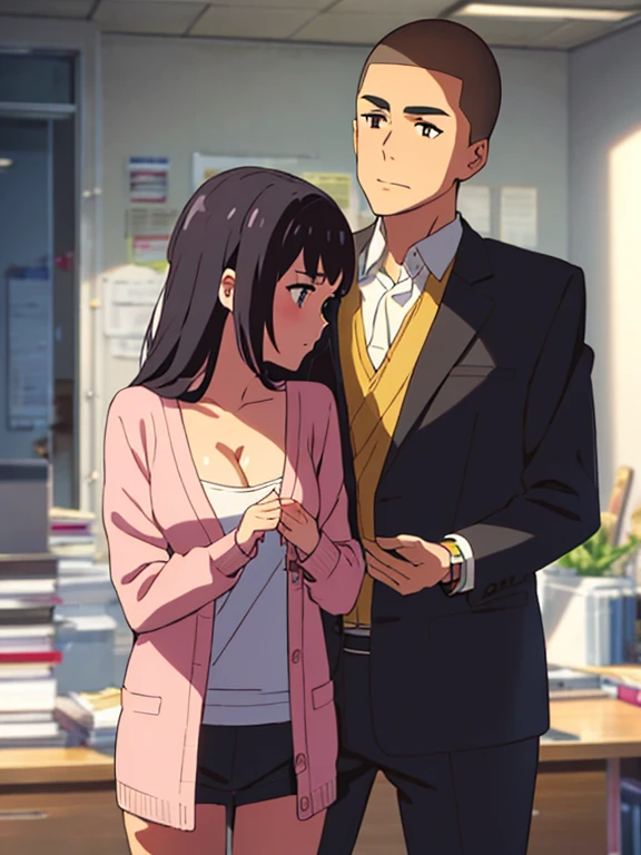 shinkai makoto, kimi no na wa., 1boy, buzzcut,office suit, boy caressing girl's body, sexual harassment, passionate hug, 1girl, bangs, black hair, brown eyes, Twisted Half Up, red ribbon, long hair, long sleeve light pink cardigan, open shirt, yellow shirt, cleavage, breast, medium breast, storage room, indoors, masterpiece, perfect anatomy, cowboyshot