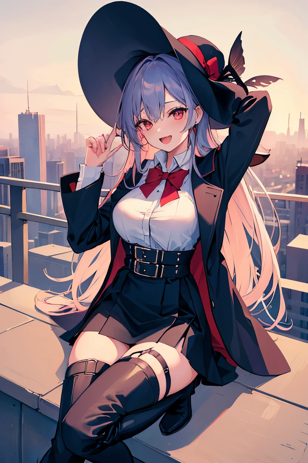 1girl, boots,breasts,full_body,knee_boots,long_hair,long_sleeves,looking_at_viewer,open_mouth,red_eyes,smile,solo,thigh_strap, suspender skirt, bow tie, coat, turquoise hair, thigh belt, skirt that goes up below the chest, tight skirt,cityscape,scenery,sky,skyscraper, Fascinator hat, gothic dress, Gothic Style