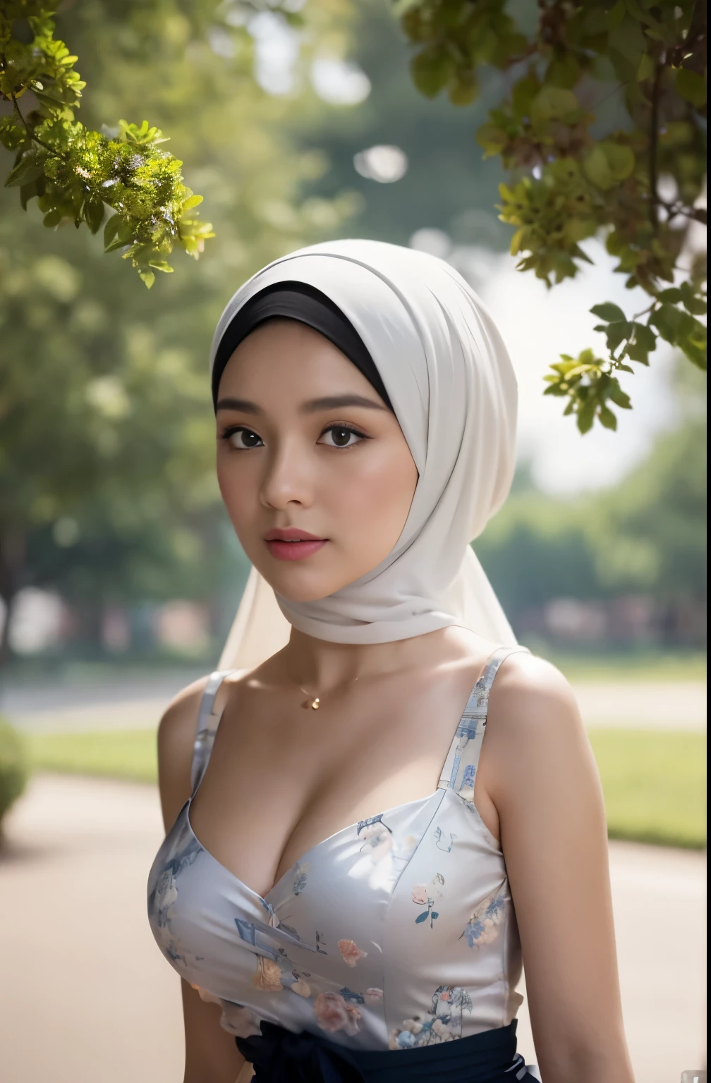 brownies, sky,moon, (Close-up of the painting style，Ultra HD 8K，Masterpiece grade CG wallpaper)，Cinematic lighting，cute girly，Delicate and beautiful face，Dreamy pupils，Wearing nekomaid,round waist,hijabi,Bust poem,Sit，Cloudy background,the trees,florals,夏天,Chinese style buildings, cleavage, magical