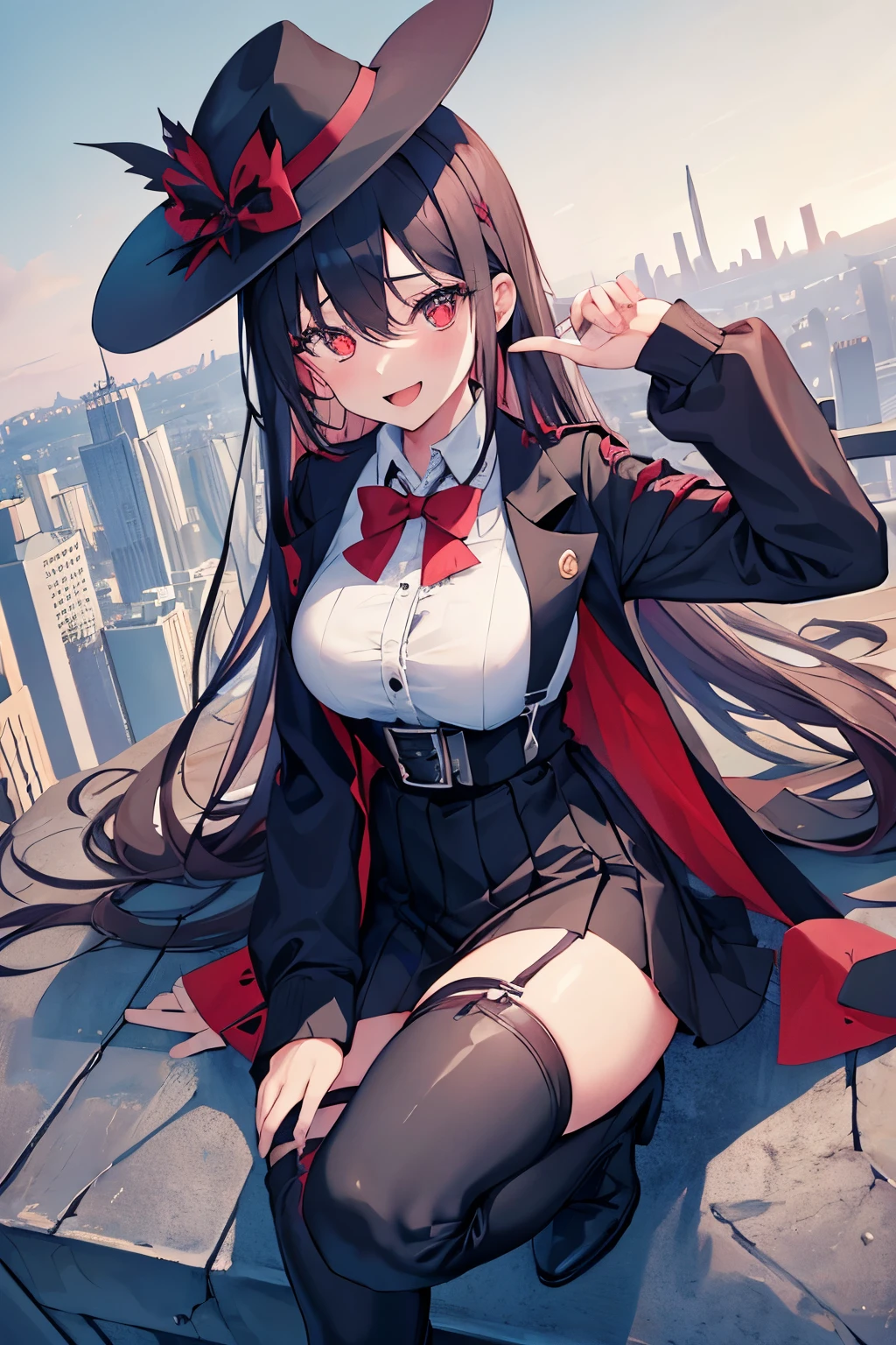 1girl, boots,breasts,full_body,knee_boots,long_hair,long_sleeves,looking_at_viewer,open_mouth,red_eyes,smile,solo,thigh_strap, suspender skirt, bow tie, coat, turquoise hair, thigh belt, skirt that goes up below the chest, tight skirt,cityscape,scenery,sky,skyscraper, Fascinator hat, gothic dress, Gothic Style