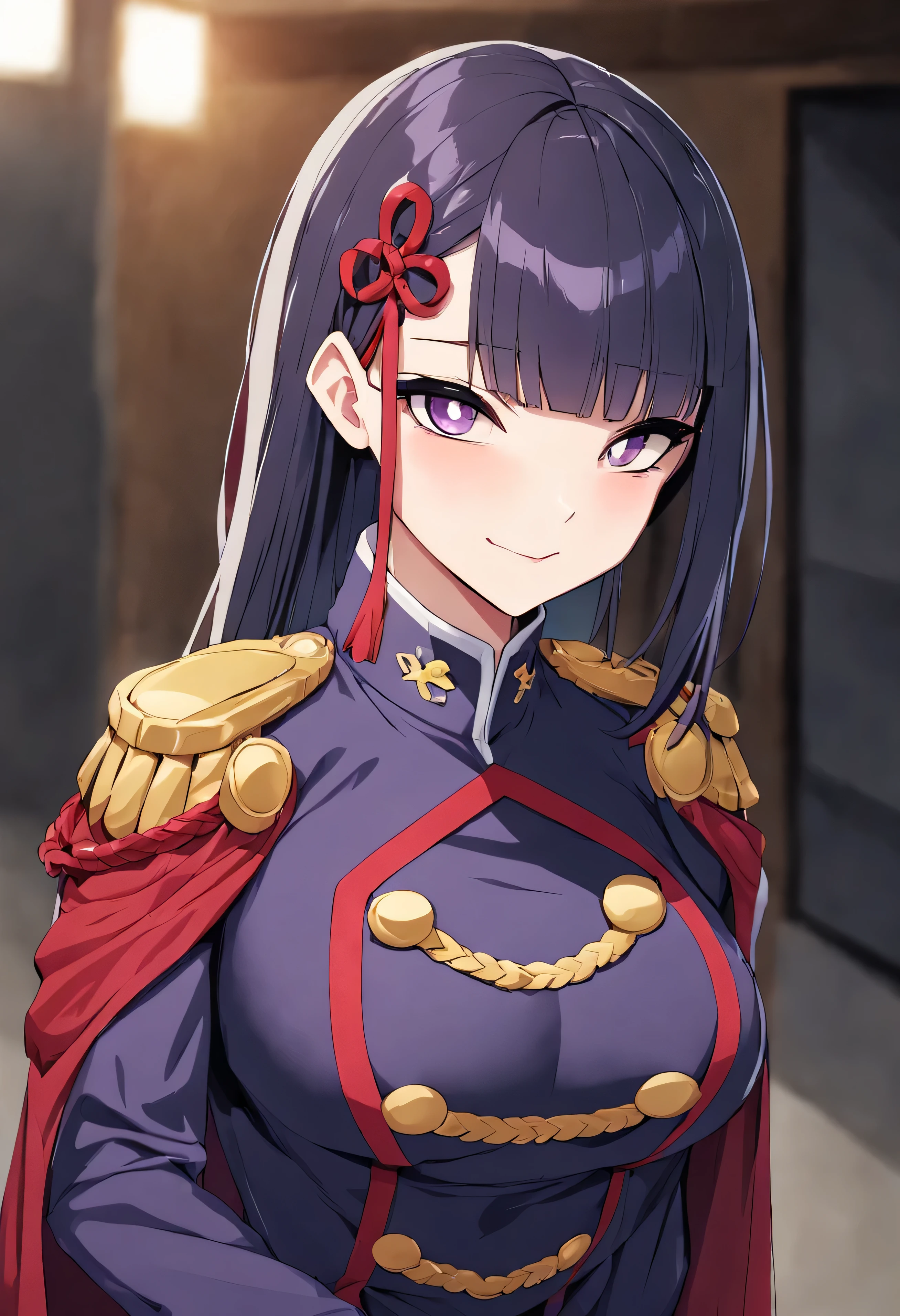 masterpiece, best quality, ï¼1girl, solo, epaulettes, long hair, purple eyes, looking at viewer, bangs, upper body, breasts, blunt bangs, closed mouth, ribbon, white pupils, hair ribbon, jacket, bright pupils, red ribbon, large breasts, high collar, purple hair, hair ornament, buttons, black hair, basement background, uniform, double-breasted, purple jacket, aiguillette, cape, military, red jacket, military uniform, sidelocks, holding dog collar in hands, mischeavious smile, undressing cape