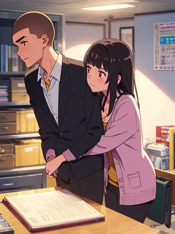 shinkai makoto, kimi no na wa., 1boy, buzzcut,office suit, boy caressing girl's body, kiss cheeks, passionate hug, boy is hugging from behind, 1girl, bangs, black hair, brown eyes, Twisted Half Up, red ribbon, long hair, long sleeve light pink cardigan, open shirt, yellow shirt, cleavage, breast, medium breast, storage room, indoors, masterpiece, perfect anatomy, cowboyshot