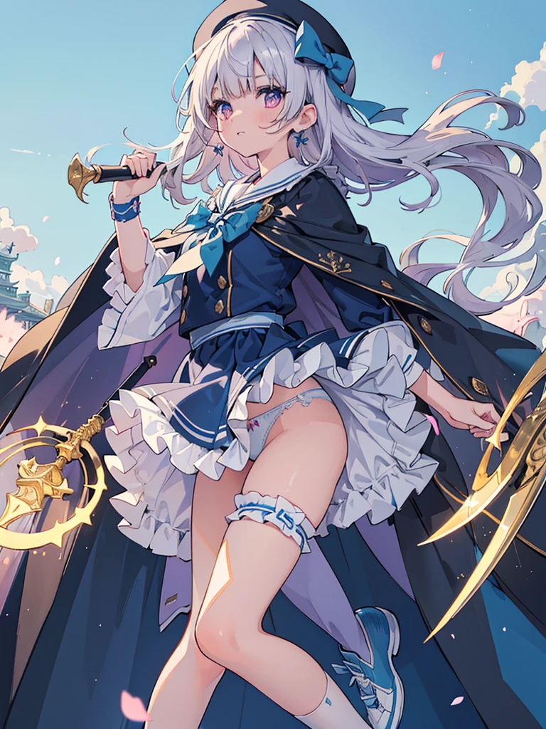 photo realistic, (masterpiece,best quality:1.4),(8k,raw photo,photo realistic:1.2),Not Safe for Work, detailed skin,detailed face,1girl,princess, cute face, super resolution,retro realistic details Illustration,,{{{elaborate,intricately,fantastic,delicately,tremendous,meticulous,minute,incredibly,obsessed,artisan's,subtle,virtuoso,skillful,vibrant, vivid, complex}}}, clearly focus edge, fresh natural gradation, best quality, amazing quality, very aesthetic, absurdres, pubisure, (((Blue school uniform))), mini frilled skirt, (frilled panties), happy, (White beret,Comes with a blue bow),
BREAK
(Holding a magic spear, ((The sacred weapon of thelong-handled spear))),
BREAK
medium bob, ((silver hair)), ((wavy hair)), shimmering eyes, Pink eyes, , 12 yo,(((cape))),((Blue the Bow)), Puffy Sleeves, Bangss, shortsleeves, ((Blue bow ribbon)),(White frilled apron), flat chest, beautiful hands, neck ribbon, wristband, arm garter, baby face, twinkle in the eye, braided bangs, ((frilled ankle socks)), (((high tops))), mary janes, Heart necklace, ring, masterpiece, top-quality, not safe for work,