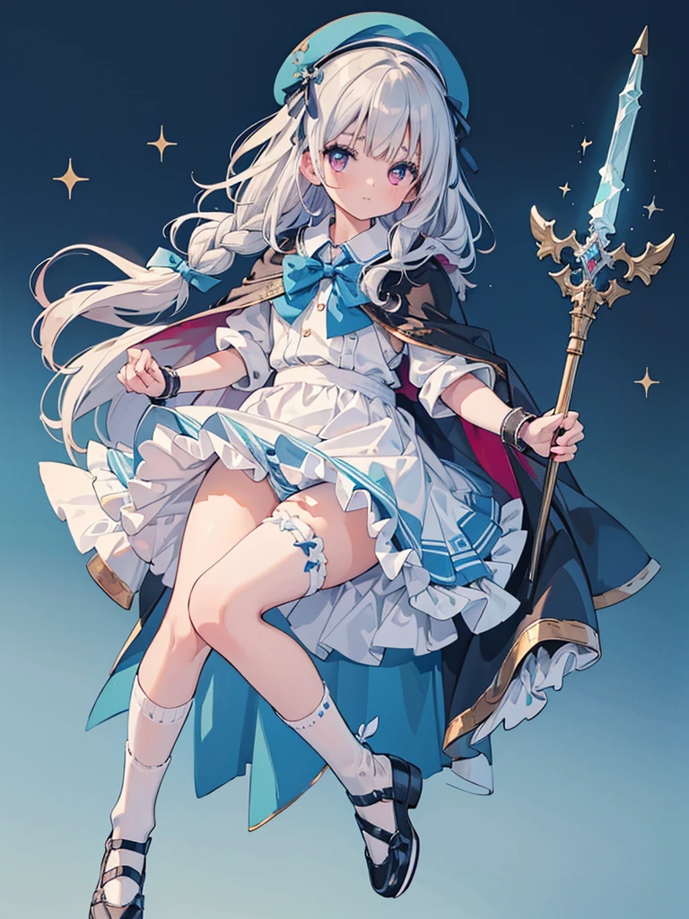 photo realistic, (masterpiece,best quality:1.4),(8k,raw photo,photo realistic:1.2),Not Safe for Work, detailed skin,detailed face,1girl,princess, cute face, super resolution,retro realistic　details Illustration,,{{{elaborate,intricately,fantastic,delicately,tremendous,meticulous,minute,incredibly,obsessed,artisan's,subtle,virtuoso,skillful,vibrant, vivid, complex}}}, clearly focus edge, fresh natural gradation, best quality, amazing quality, very aesthetic, absurdres, pubisure, (((Blue school uniform))), mini frilled skirt, (frilled panties), happy, (White beret,Comes with a blue bow), 
BREAK　
(Holding a magic spear, ((The sacred weapon of thelong-handled spear))), 
BREAK　
medium bob, ((silver hair)), ((wavy hair)), shimmering eyes, Pink eyes, , 12 yo,(((cape))),((Blue the Bow)), Puffy Sleeves, Bangss, shortsleeves, ((Blue bow ribbon)),(White frilled apron), flat chest, beautiful hands, neck ribbon, wristband, arm garter, baby face, twinkle in the eye, braided bangs, ((frilled ankle socks)), (((high tops))), mary janes, Heart necklace, ring, masterpiece, top-quality, not safe for work,