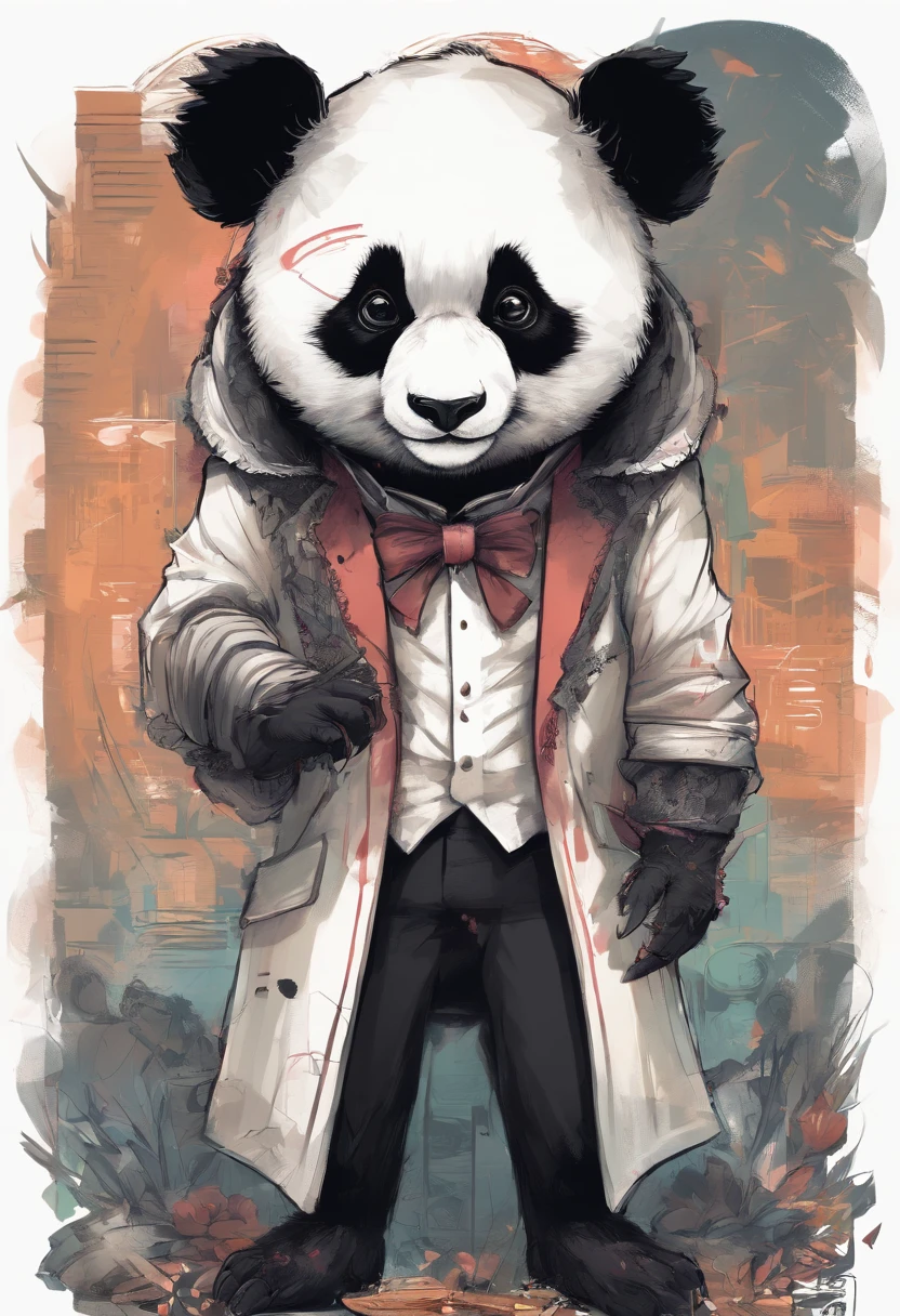 anthropomorphic panda, de cuerpo entero, vestido formalmente con un blazer, sostiene una bandeja, pegatina de panda, sticker de panda.