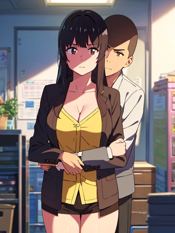 shinkai makoto, kimi no na wa., 1boy, buzzcut,office suit, boy caressing girl's body,  boy is hugging from behind, ear biting 1girl, bangs, black hair, brown eyes, Twisted Half Up, red ribbon, long hair, long sleeve light pink cardigan, open shirt, yellow shirt, cleavage, breast, medium breast, storage room, indoors, masterpiece, perfect anatomy, cowboyshot