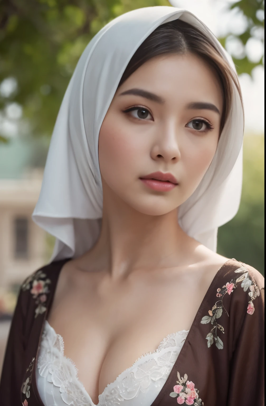 (Close-up of the painting style，Ultra HD 8K，Masterpiece grade CG wallpaper)，Cinematic lighting，cute girly，Delicate and beautiful face，Dreamy pupils，Wearing a small floral short summerdresound waist,hijabi,Bust poem,Sit，Cloudy background,the trees,florals,夏天,Chinese style buildings, cleavage, magical