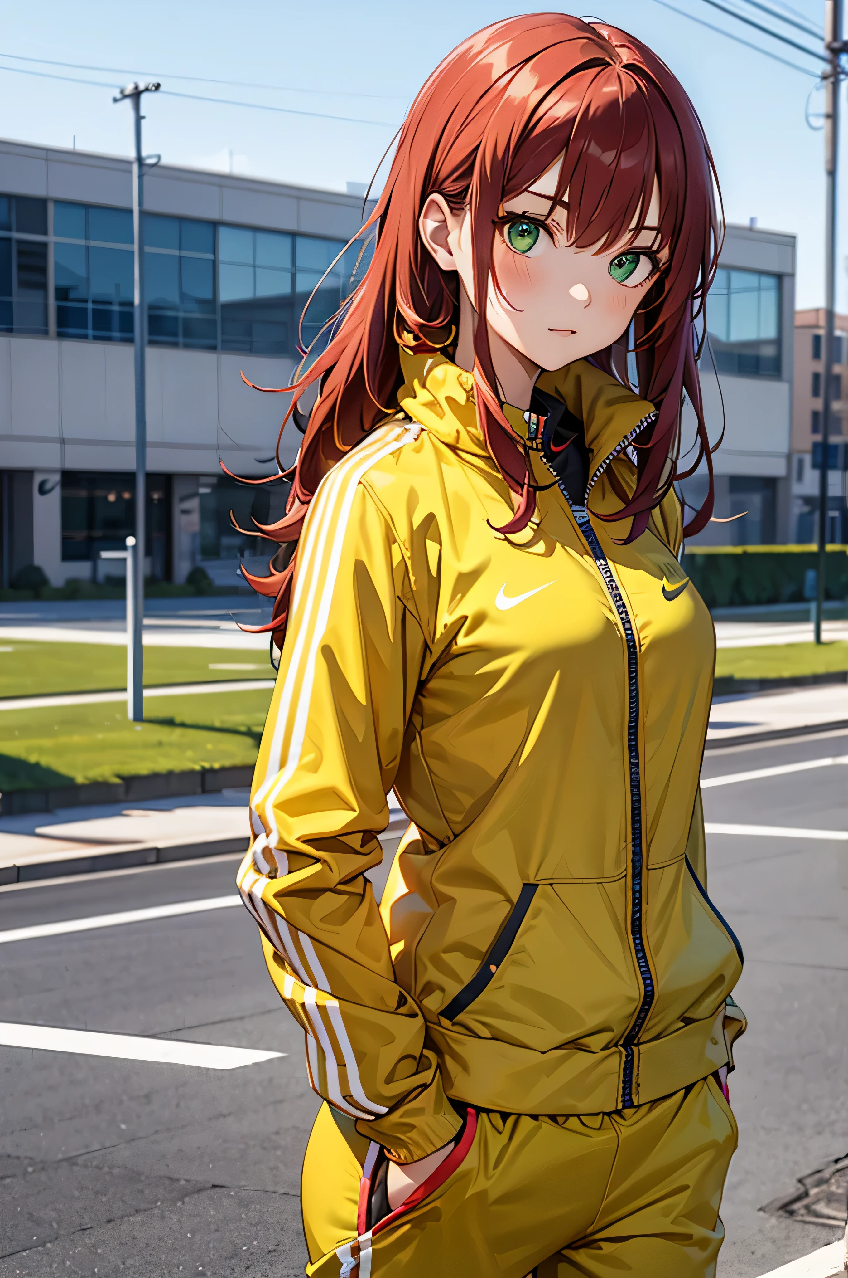 redhead girl in tracksuit with green eyes, ((yellow Nike tracksuit))