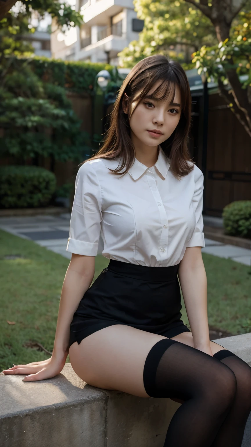 Best quality, full body portrait, delicate face, pretty face, 25 year old woman, slim figure, small bust, OL uniform, office clothes, black stockings, outdoor scene, sitting position, japanese woman, 8K, cinematic