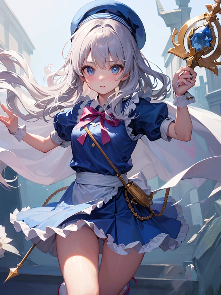 photo realistic, (masterpiece,best quality:1.4),(8k,raw photo,photo realistic:1.2),Not Safe for Work, detailed skin,detailed face,1girl,princess, cute face, super resolution,retro realistic details Illustration,,{{{elaborate,intricately,fantastic,delicately,tremendous,meticulous,minute,incredibly,obsessed,artisan's,subtle,virtuoso,skillful,vibrant, vivid, complex}}}, clearly focus edge, fresh natural gradation, best quality, amazing quality, very aesthetic, absurdres, pubisure, (((Blue school uniform))), mini frilled skirt, (frilled panties), happy, (White beret,Comes with a blue bow),
BREAK
(Holding a magic spear, ((The sacred weapon of thelong-handled spear))),
BREAK
medium bob, ((silver hair)), ((wavy hair)), shimmering eyes, Pink eyes, , 12 yo,(((cape))),((Blue the Bow)), Puffy Sleeves, Bangss, shortsleeves, ((Blue bow ribbon)),(White frilled apron), flat chest, beautiful hands, neck ribbon, wristband, arm garter, baby face, twinkle in the eye, braided bangs, ((frilled ankle socks)), (((high tops))), mary janes, Heart necklace, ring, masterpiece, top-quality, not safe for work,
