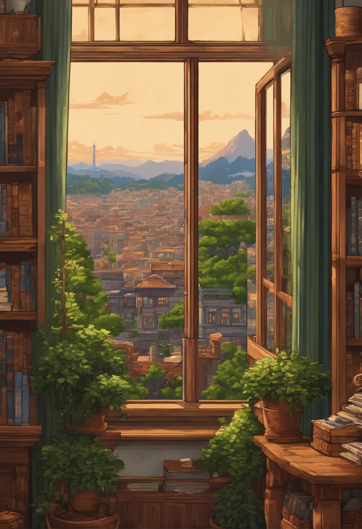 Windows offer views of the city、There is a bed and a bookshelf, beautiful detailed pixel art, by Kubisi art, studio ghibli and and mumford, tokyo anime scene, detailed pixel art, Hasui Kwase, Lofiato, ( ( ( ( ( and mumford ) ) ) ) ), detailed pixel artwork, inspired by Hasui Kawase