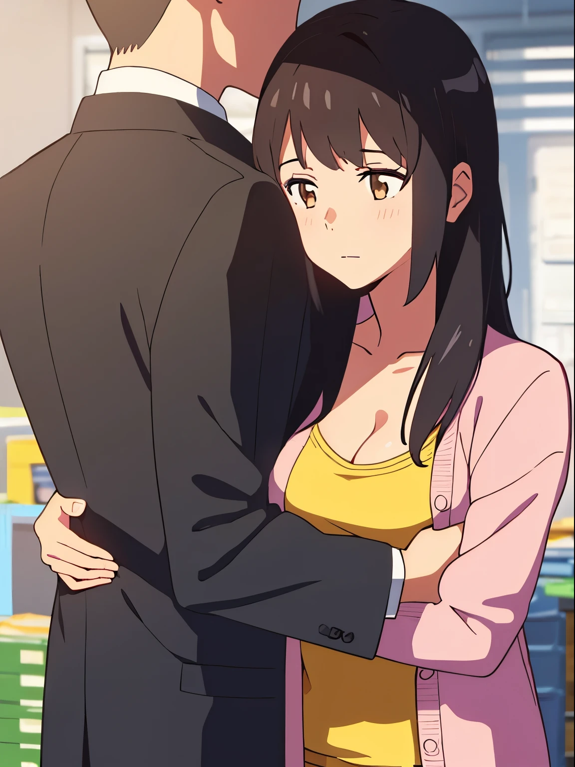 shinkai makoto, kimi no na wa., 1boy, buzzcut,office suit, boy caressing girl's body, sexual harassment, passionate hug, 1girl, bangs, black hair, brown eyes, Twisted Half Up, red ribbon, long hair, long sleeve light pink cardigan, open shirt, yellow shirt, cleavage, breast, medium breast, storage room, indoors, masterpiece, perfect anatomy, cowboyshot