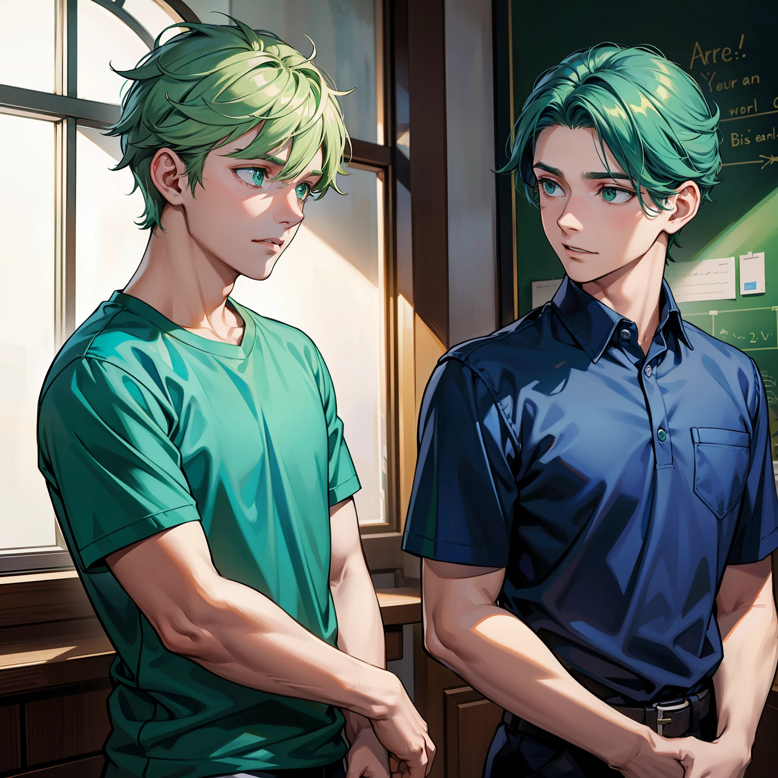 two handsome boys in blue shirts, they are , they are at school, they are talking about something important, they are serious, they are worried, they have green hair and green eyes.